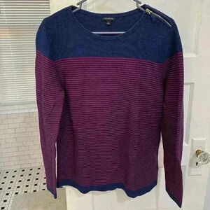 Talbot navy blue and red striped crewneck knit sweater gold zipper accent size L